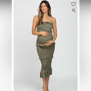 PinkBlush Satin Smocked Fitted Maternity Midi Dress